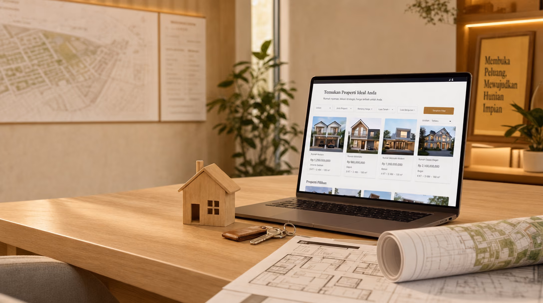 Laptop di meja kayu menampilkan website properti berjudul "Temukan Properti Ideal Anda", dengan filter lokasi, jenis properti, rentang harga, dan luas, serta empat kartu rumah berharga rupiah lengkap dengan jumlah kamar dan luas. Di meja ada maket rumah kayu, kunci, dan denah.